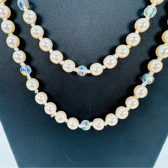Vintage Glass Pearl Necklace Aurora Borealis Faceted Crystals Knotted Opera 52” - Picture 6 of 11
